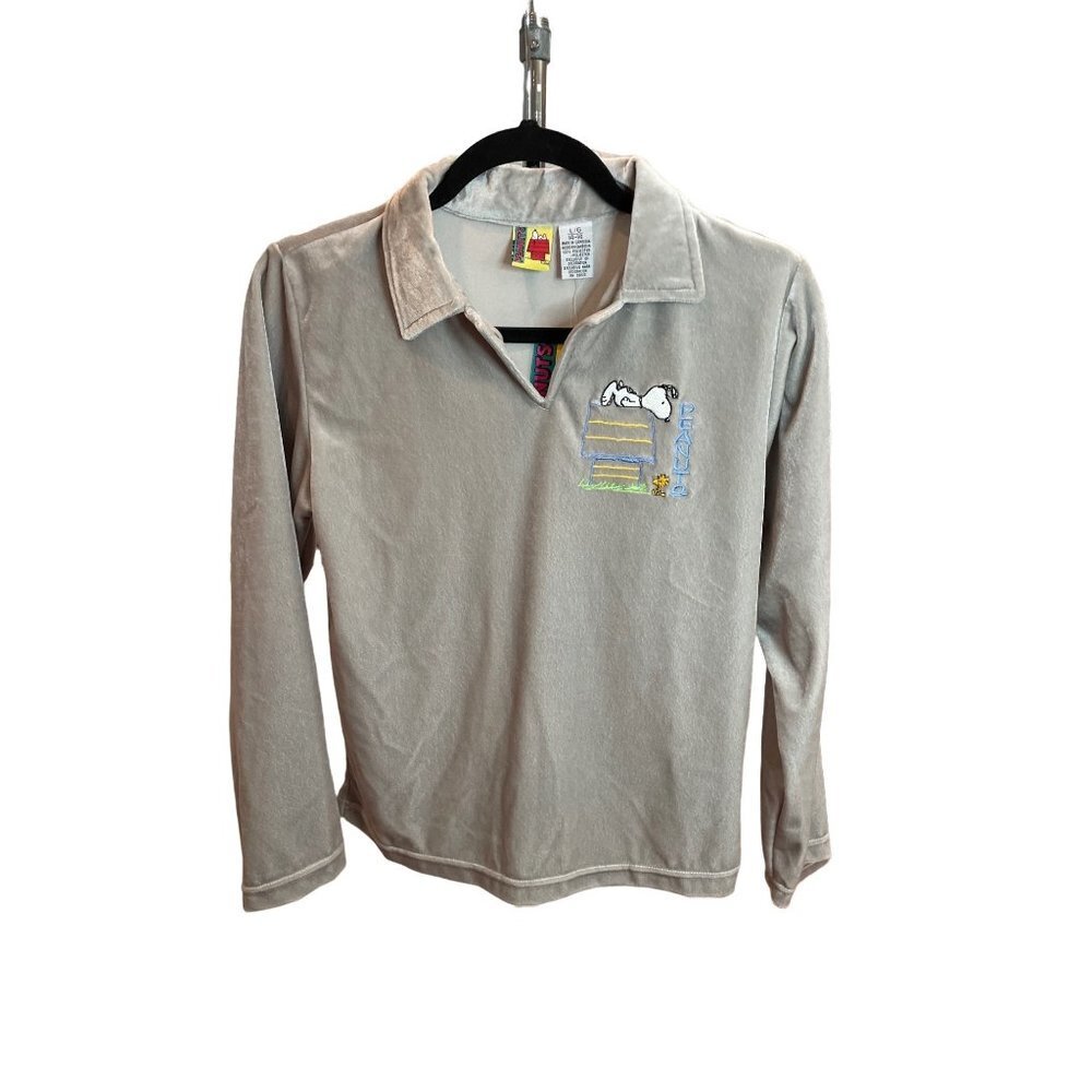 Peanuts Nwt Kids’ Snoopy Pullover Velour Gray Collared Long Sleeve Shirt
